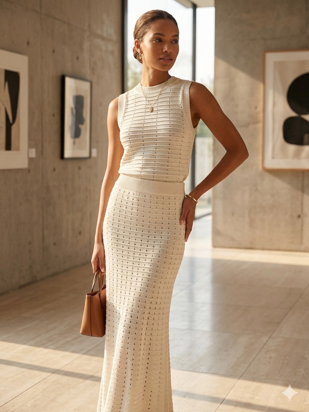 VENUS Cream Sleeveless Knit Maxi Dress with Subtle Slit